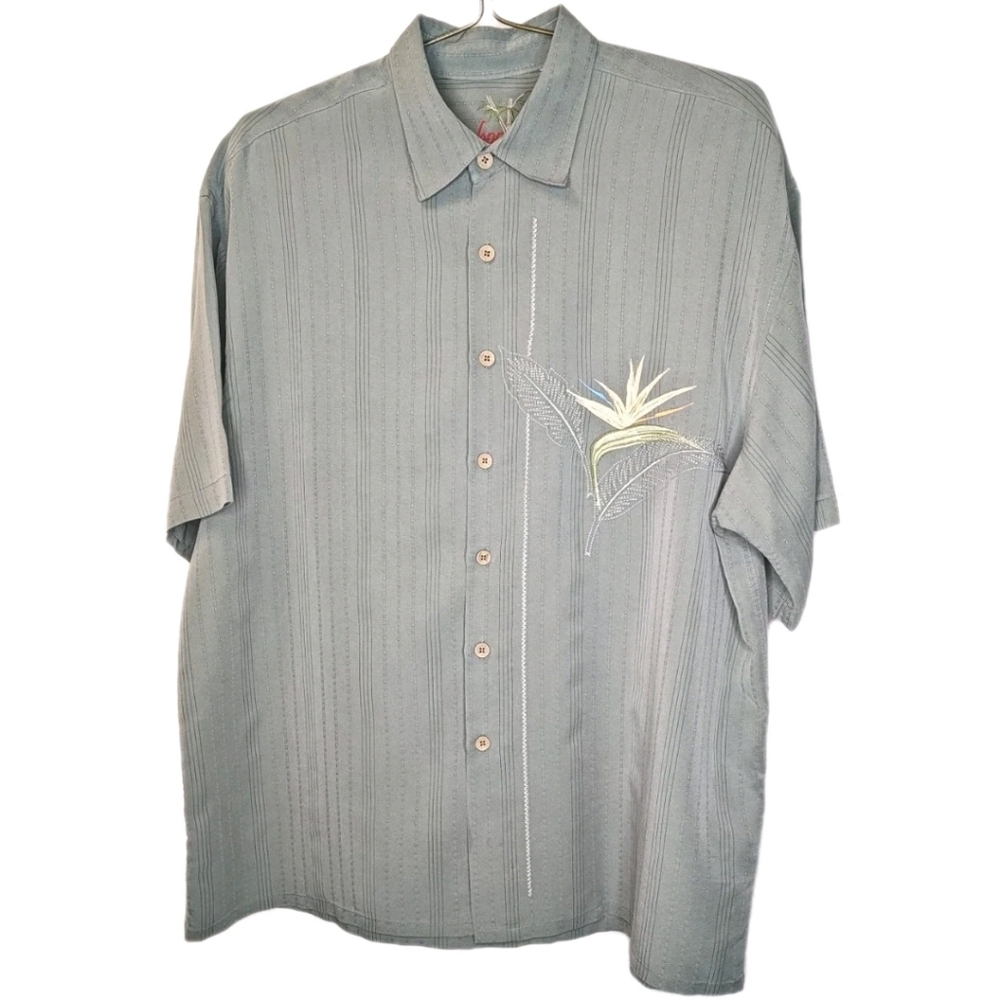 Bamboo Cay Floral Embroidered Silk Hawaiian Shirt Men XL Sage Textured Clip Dots